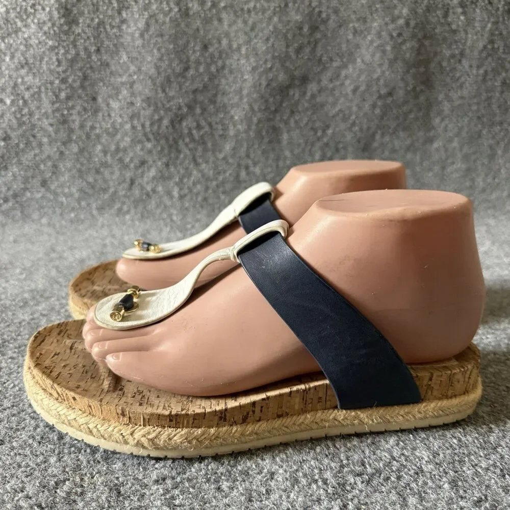 Tory Burch Logo Medallion Thong Sandals White Navy Gold Leather Women’s 8
